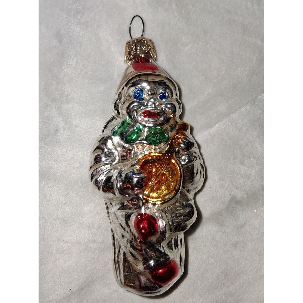 Vintage West Germany Glass Clown Ornament Silver Figural Saxophone 4"